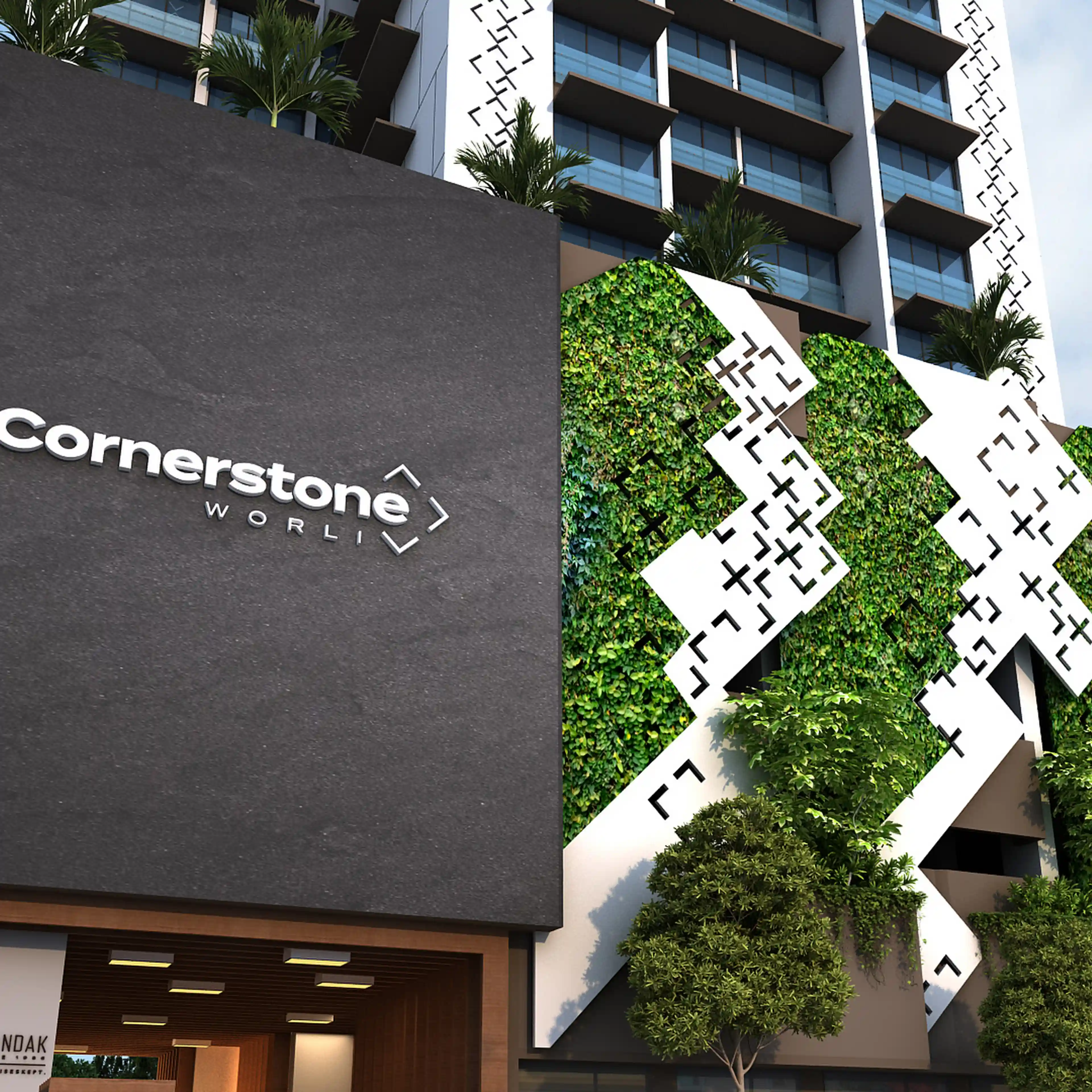 Cornerstone Worli entrance with signage and vertical garden